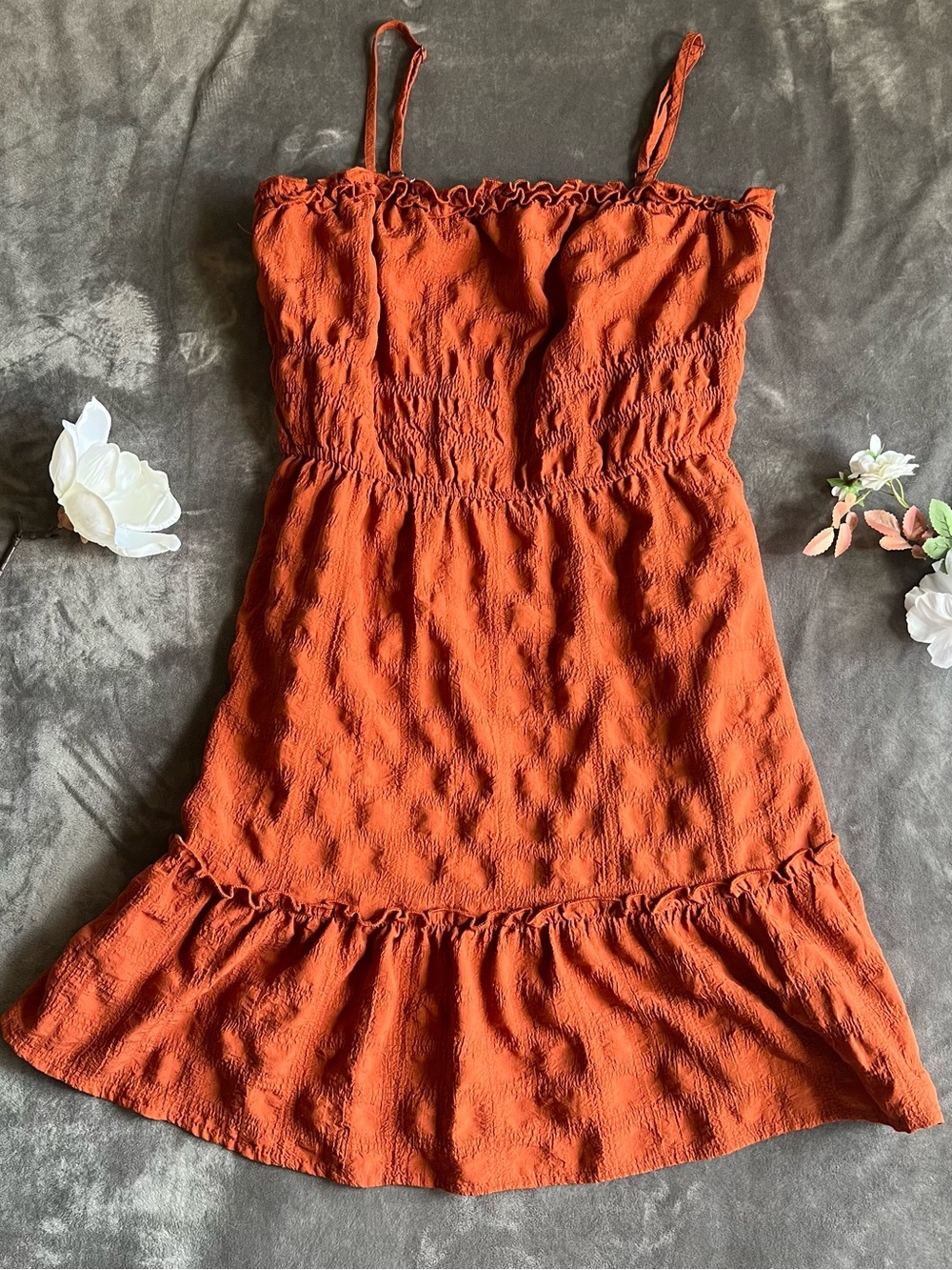 june & hudson Rust Orange Ruffle-Hem Mini Sundress